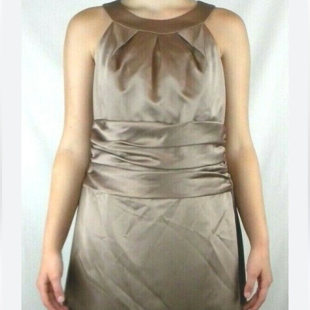 David’s Bridal Dress 10 Champagne Satin Halter Ruched Bust Wedding Guest Formal